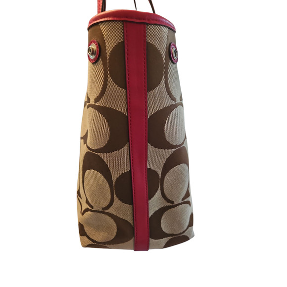 COACH Hamptons Khaki Red Signature Stripe Shoulder Tote Bag #19999 - Picture 11 of 13